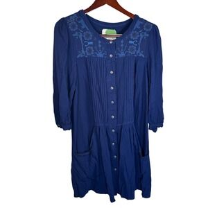 Anthropologie Dubois Embroidered Tunic Dress Blue Womans Size 12 Boho Lagenlook
